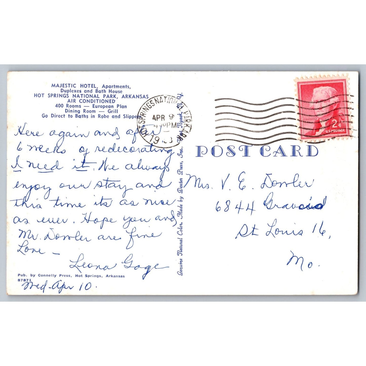Postcard AR Arkansas Hot Springs National Park Majestic Hotel 1953 Chrome