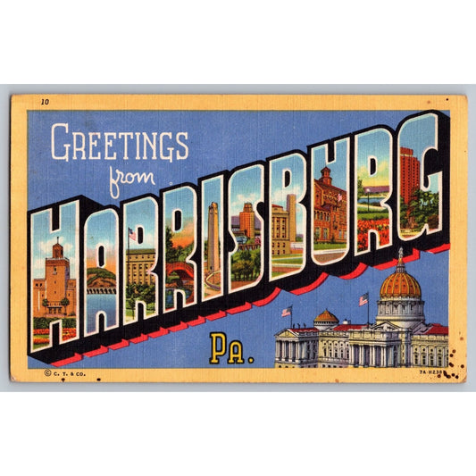 Harrisburg PA Pennsylvania Large Letter Greetings From Linen Postcard Curt Teich
