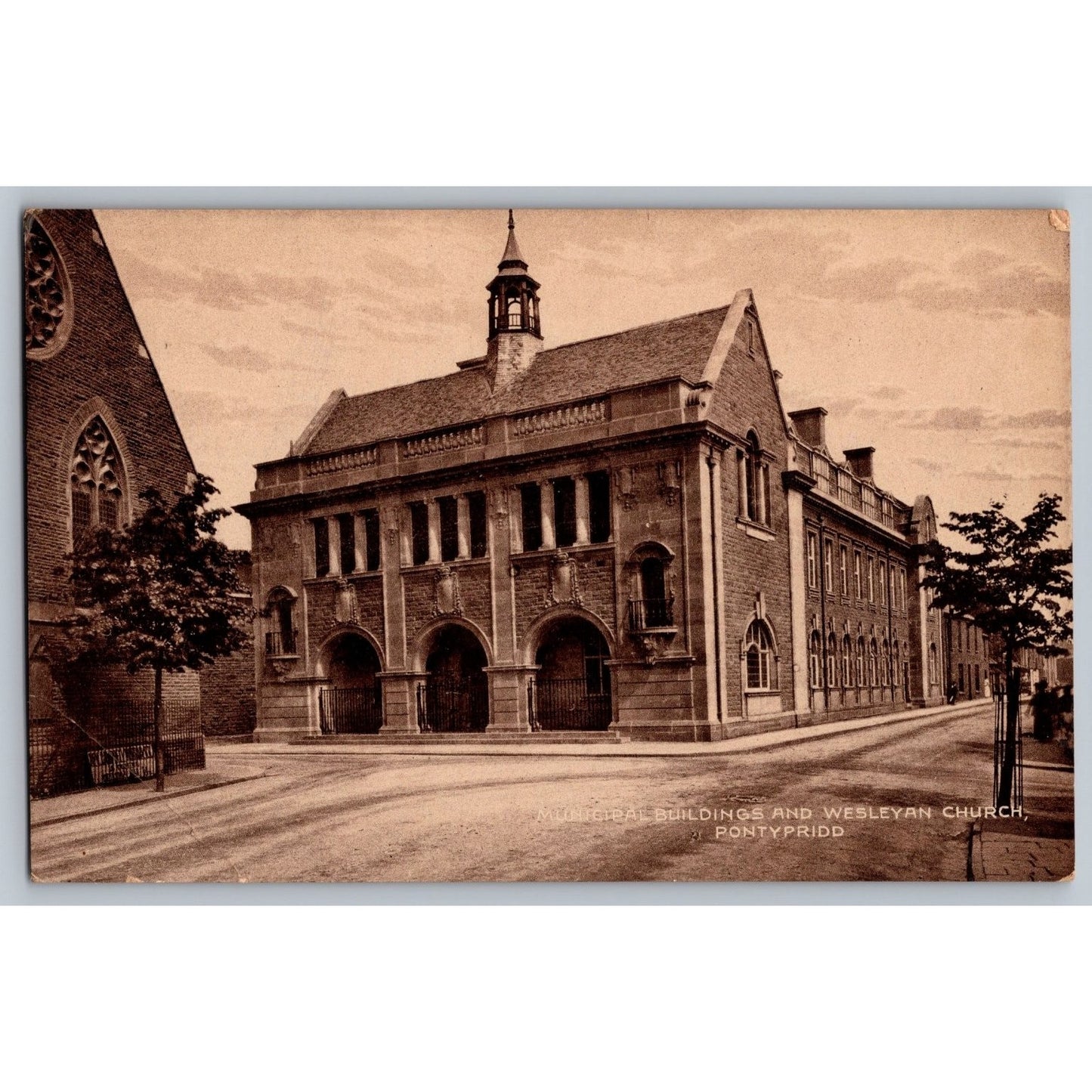 RPPC Wales United Kingdom Pontypridd Municipal Buildings Wesleyan Church Postcard