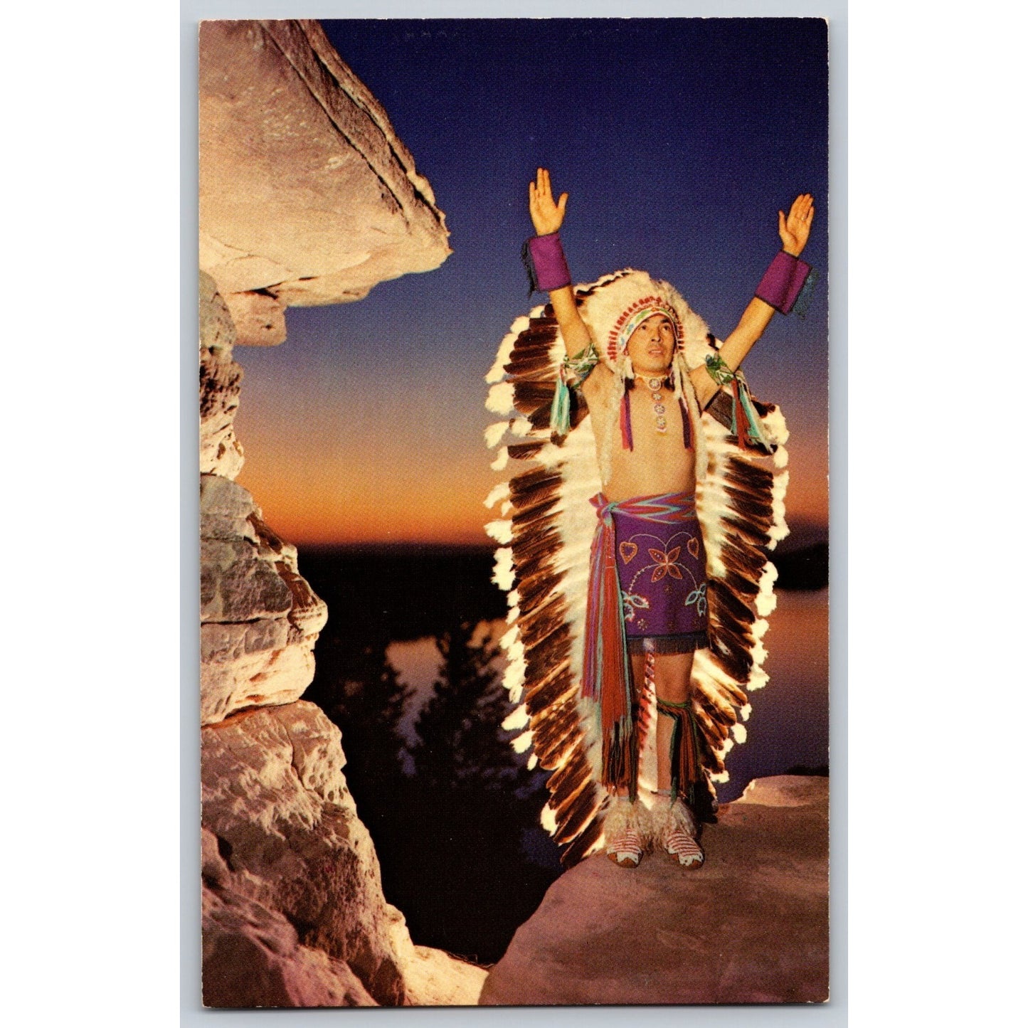 Wisconsin Dells WI Stand Rock Indian Sunrise Call Ceremonial Chrome Postcard