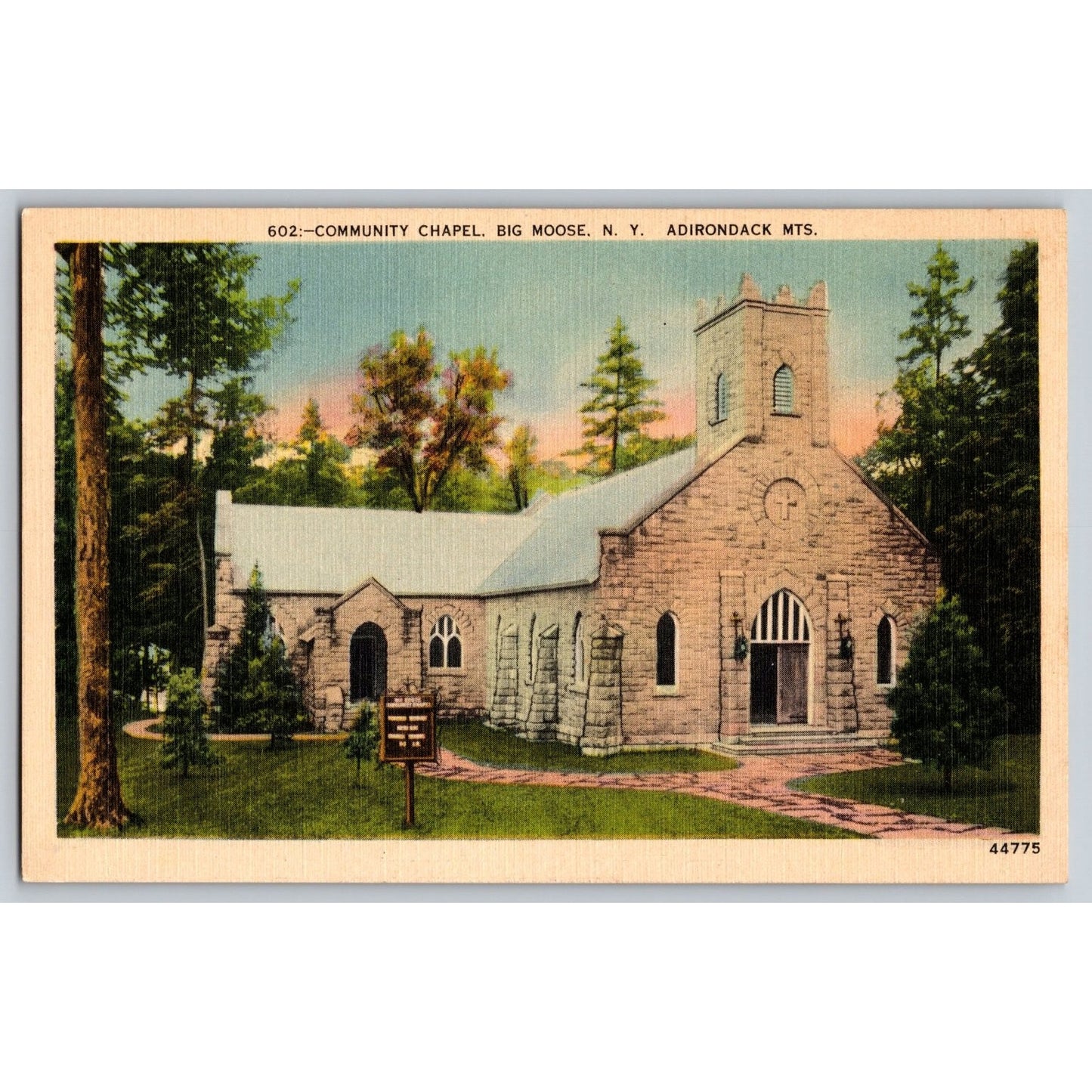 Big Moose NY New York Community Chapel Adirondack Mountains White Border Postcard