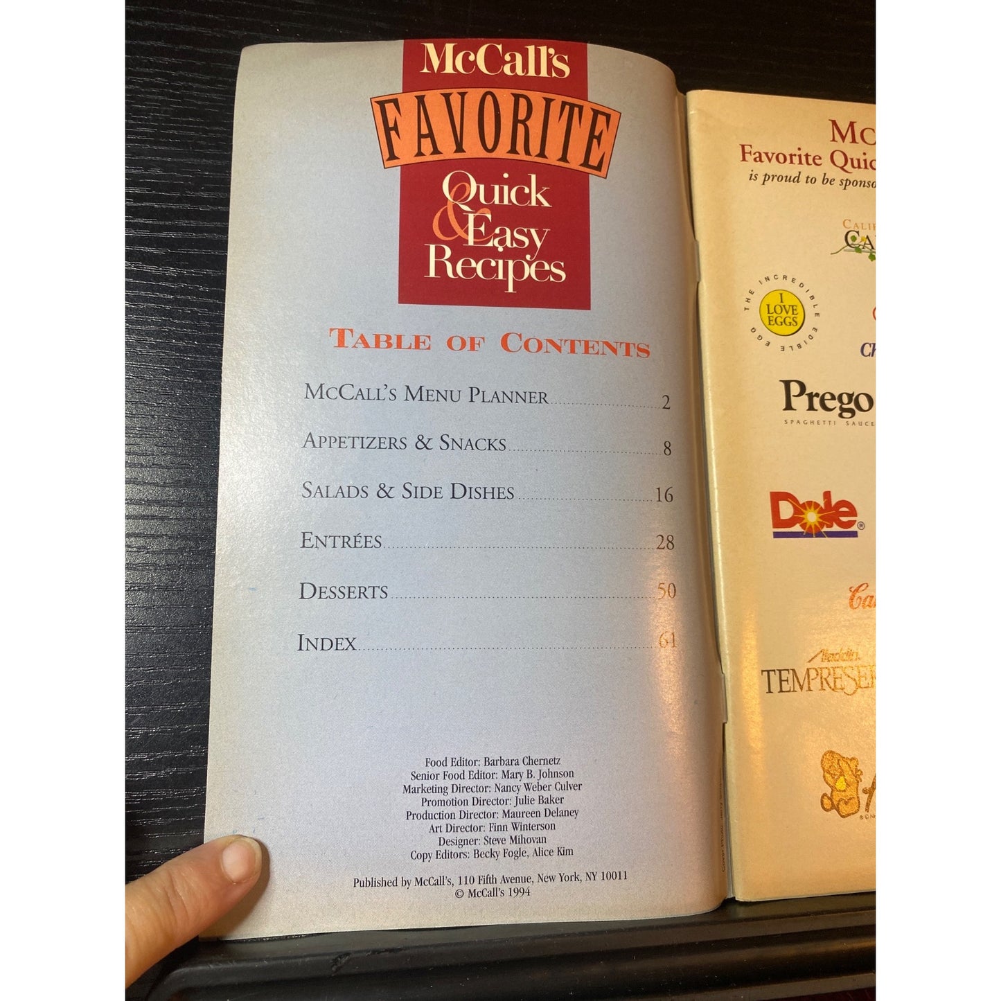 McCalls Favorite Quick & Easy Recipes Cookbook Booklet 1994 Appetizers Entrees