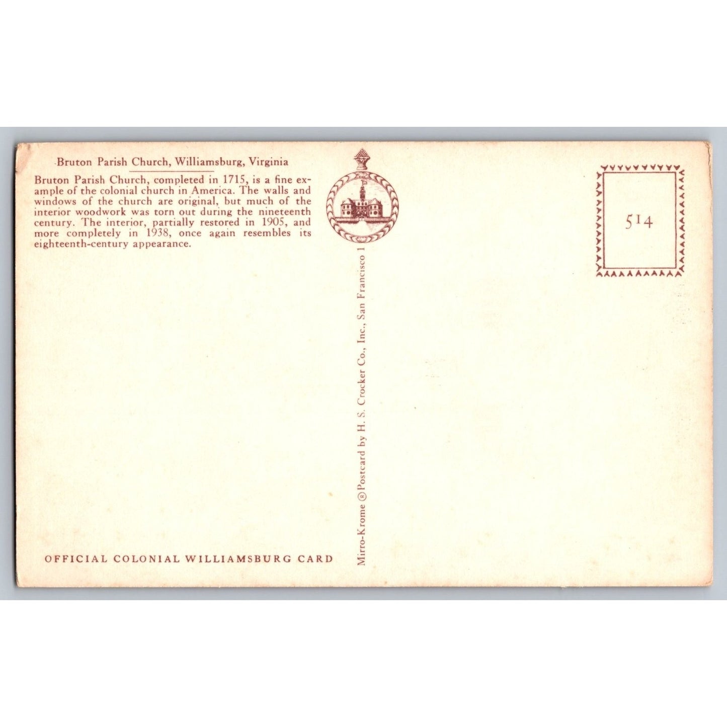 Postcard VA Virginia Williamsburg Bruton Parish Church Colonial Era Chrome