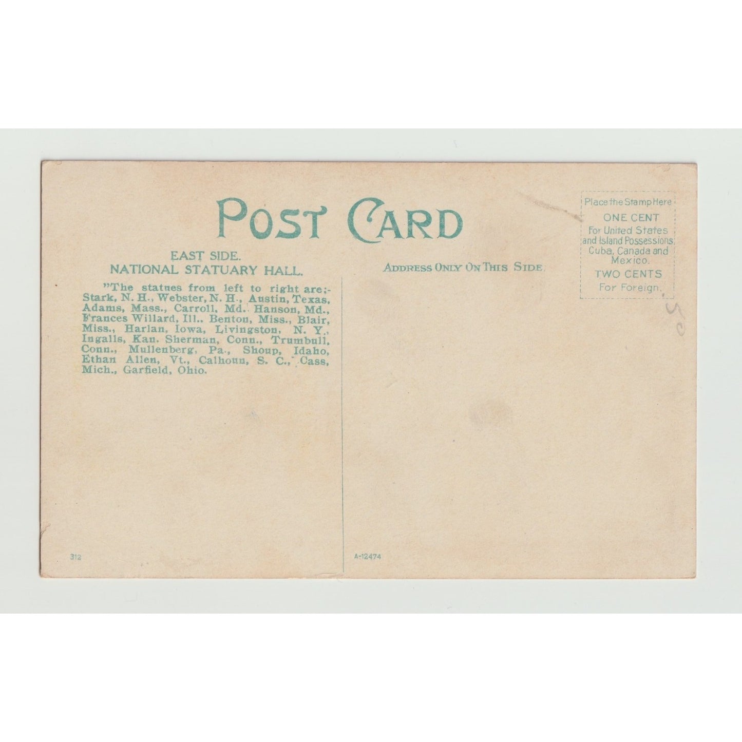 Washington DC East Side Statuary Hall US Capitol Early 1900s Postcard Unused