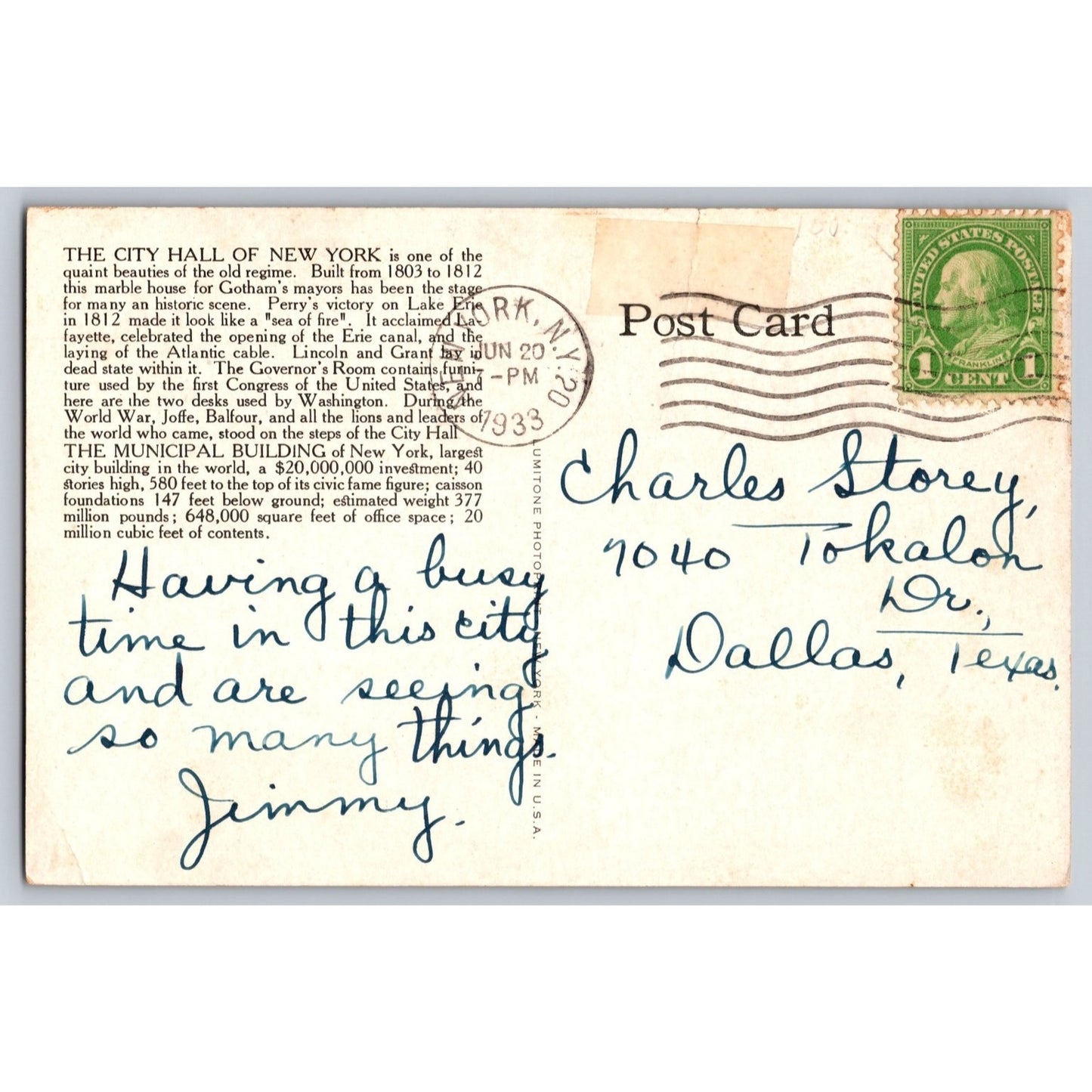 New York City NY Hall & Municipal Building 1933 White Border Postcard Used