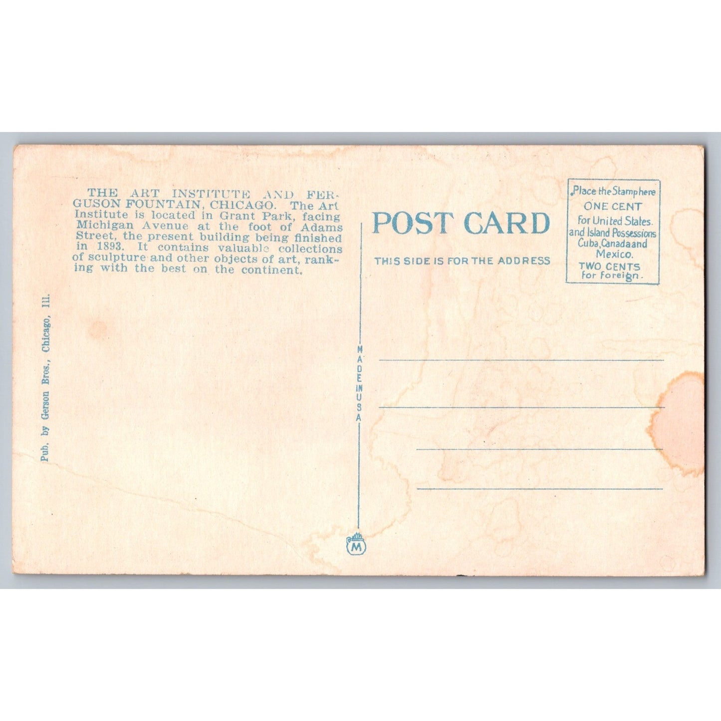 Chicago IL Illinois Art Institute Ferguson Fountain White Border Postcard