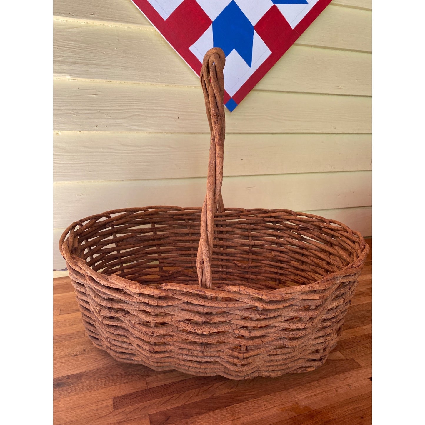 Grape Vine Large Handwoven Wicker Basket With Twisted Handle - 19.5" X 20" - Rustic Brown Oval Design