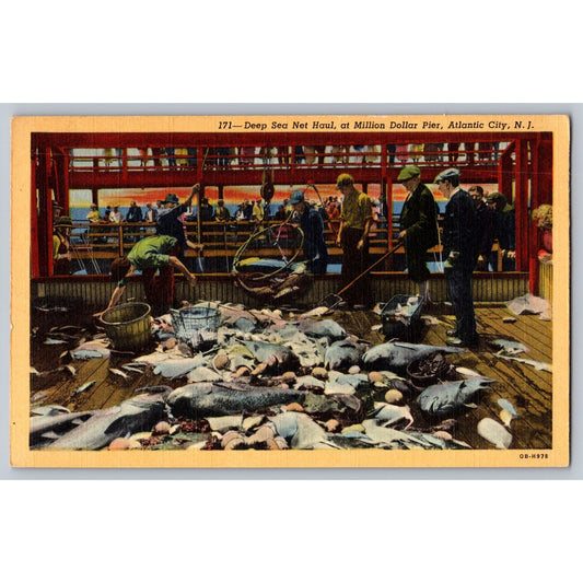 Atlantic City NJ New Jersey Deep Sea Net Haul Million Dollar Pier Linen Postcard