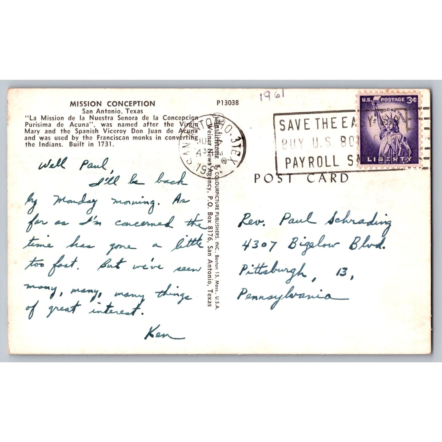 San Antonio TX Texas Mission Conception 1961 Chrome Postcard Used