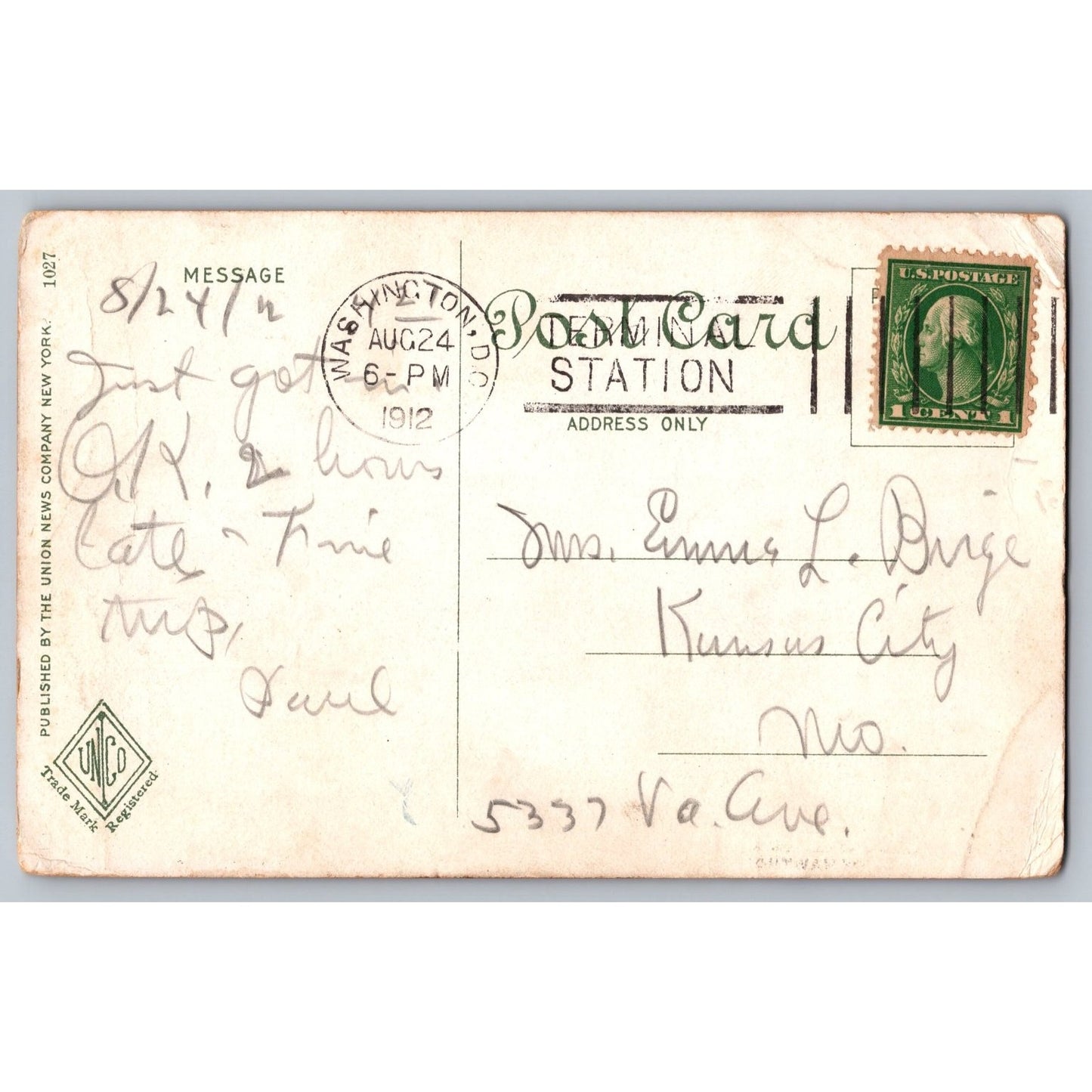 Washington DC State War and Navy Dept 1912 Divided Back Postcard Used
