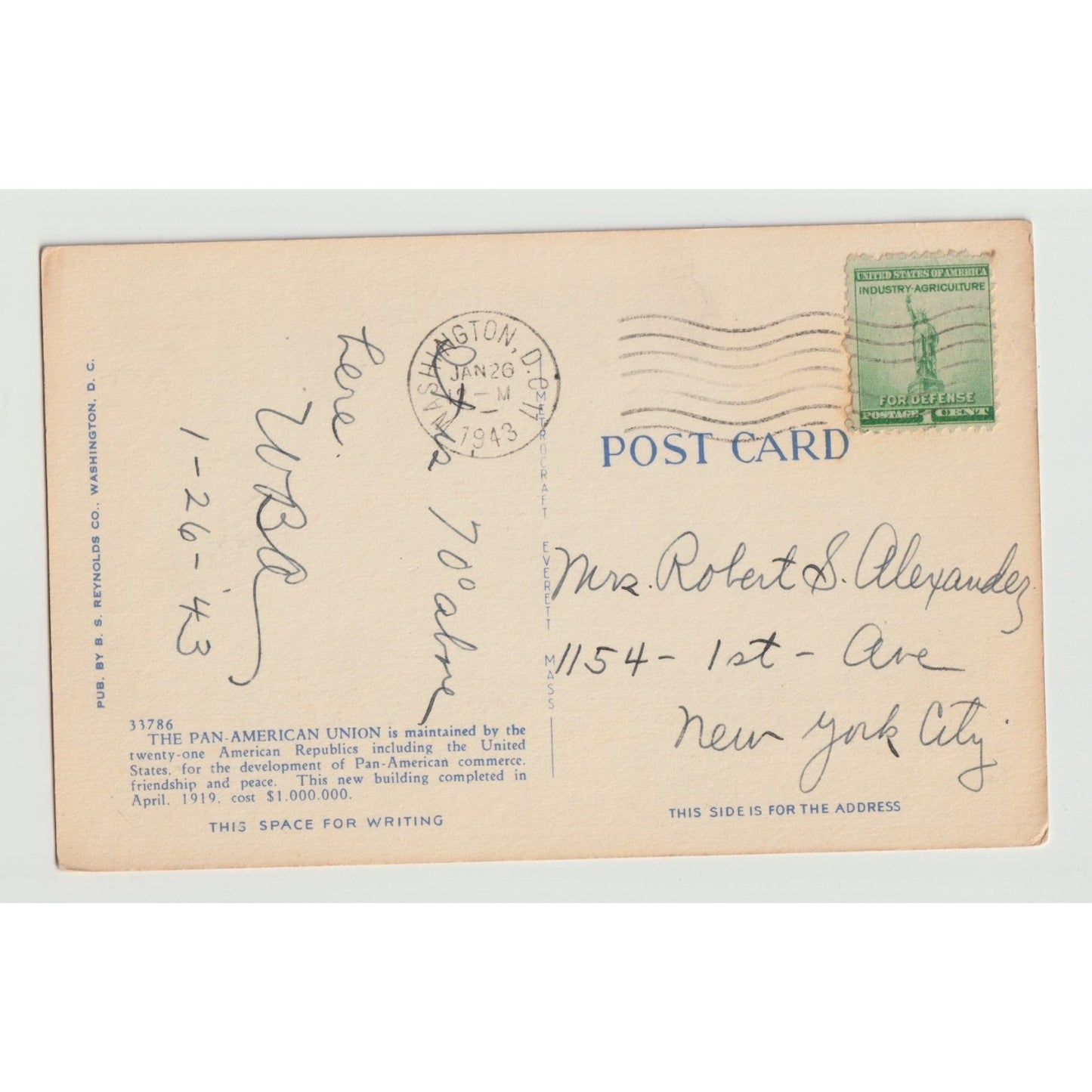 DC Washington Pan American Union White Border Postcard Used