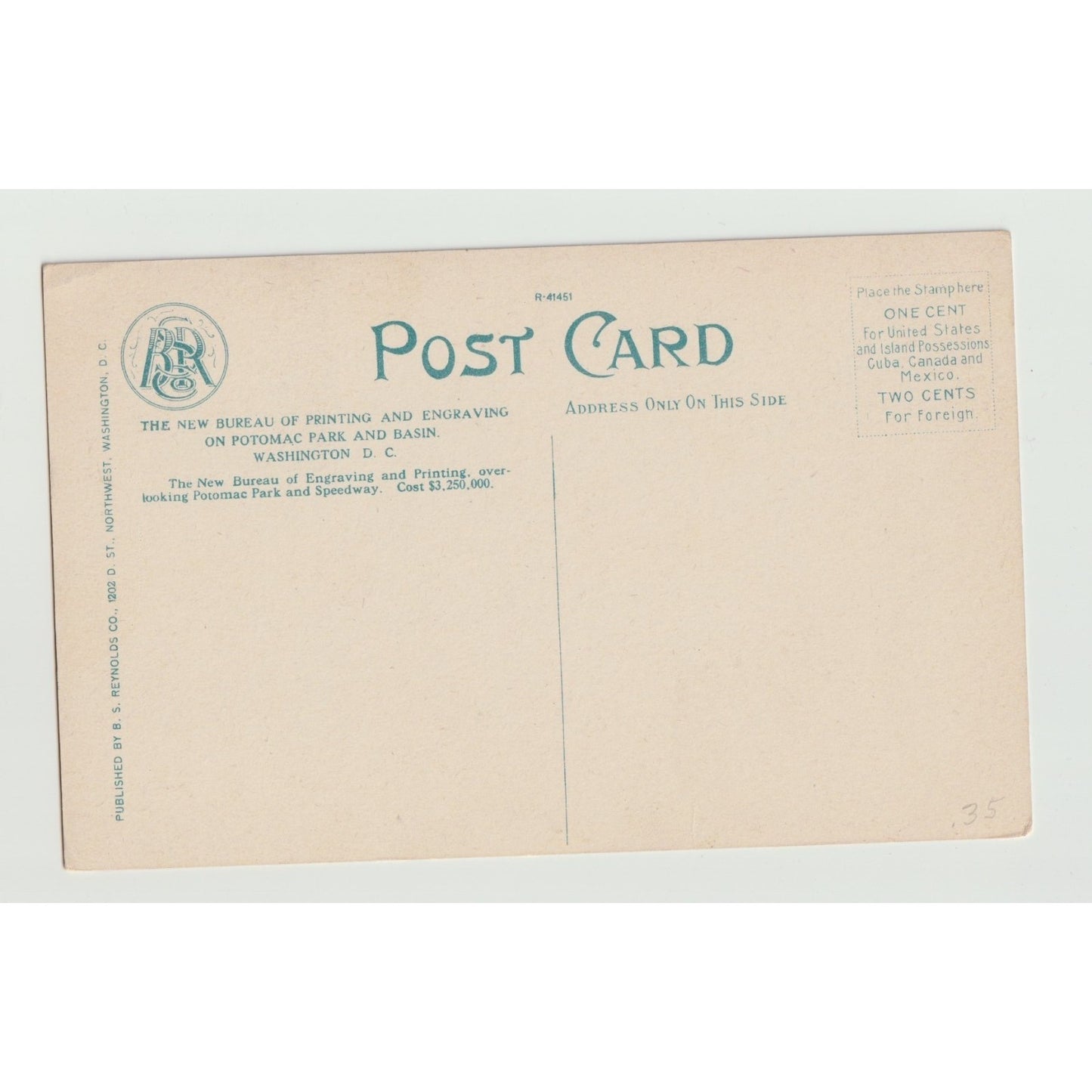 Washington DC Bureau of Printing & Engraving Monument Divided Back Postcard