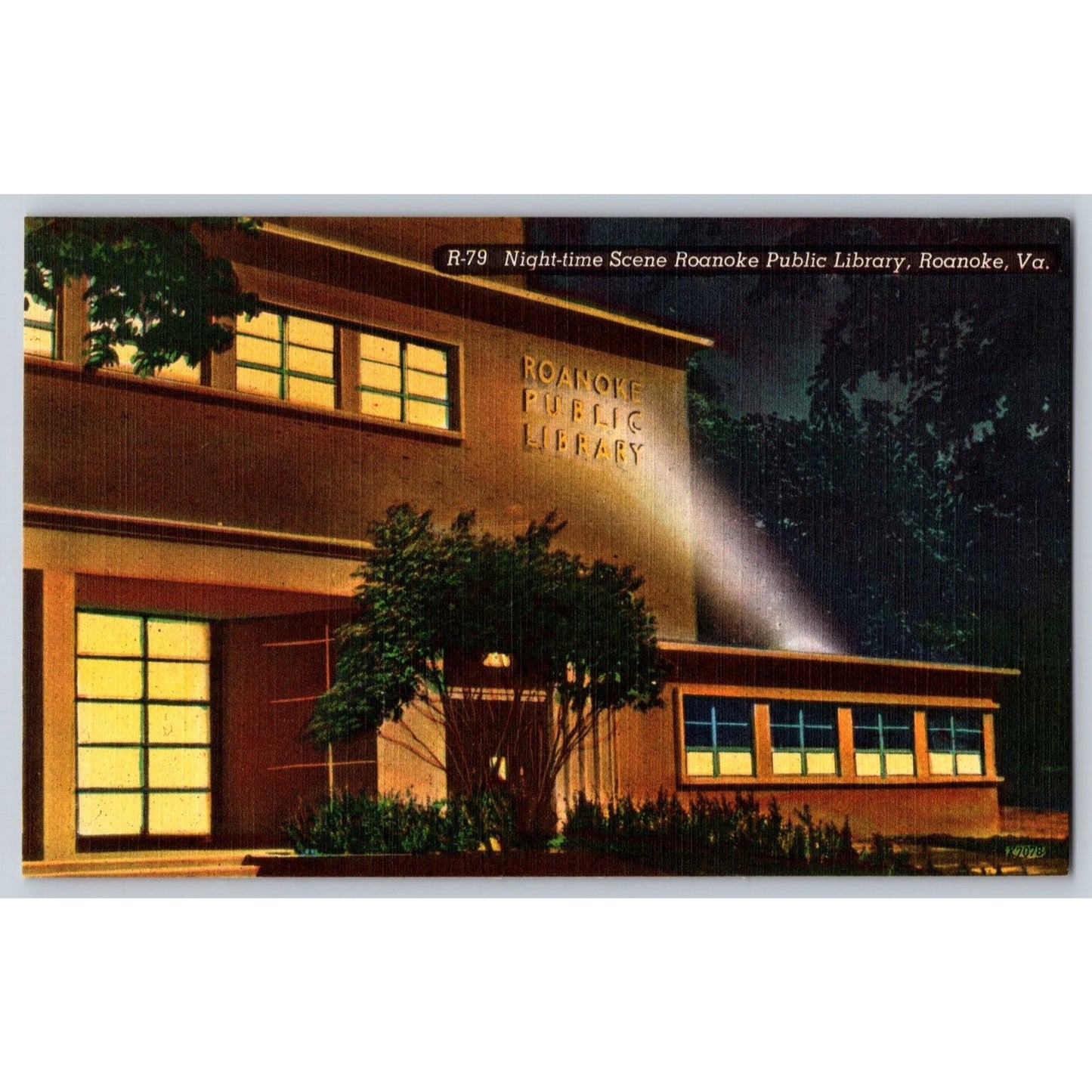 Roanoke VA Virginia Public Library Night Scene Linen Postcard