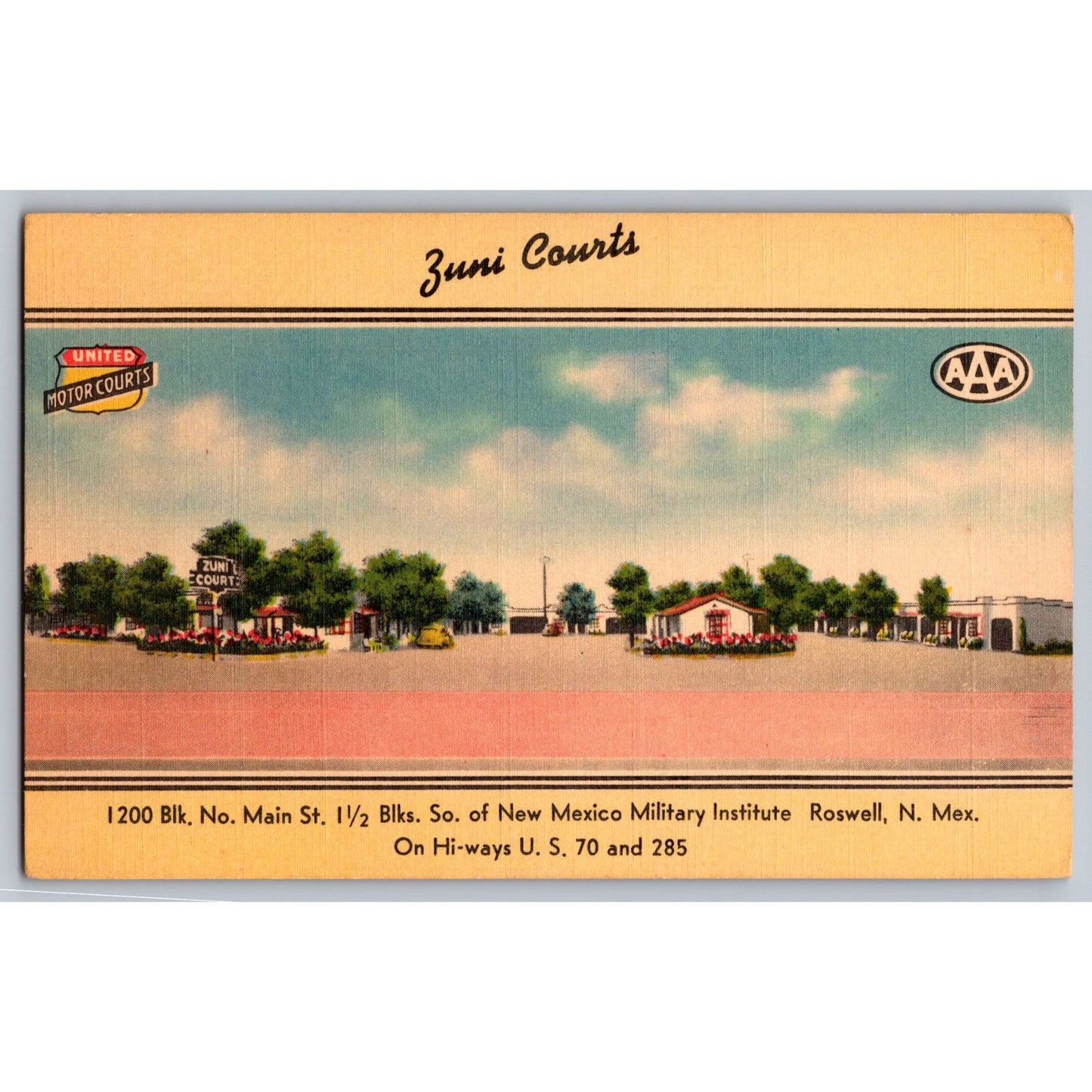 Roswell NM New Mexico Zuni Courts Linen Postcard Unused United Motor Courts