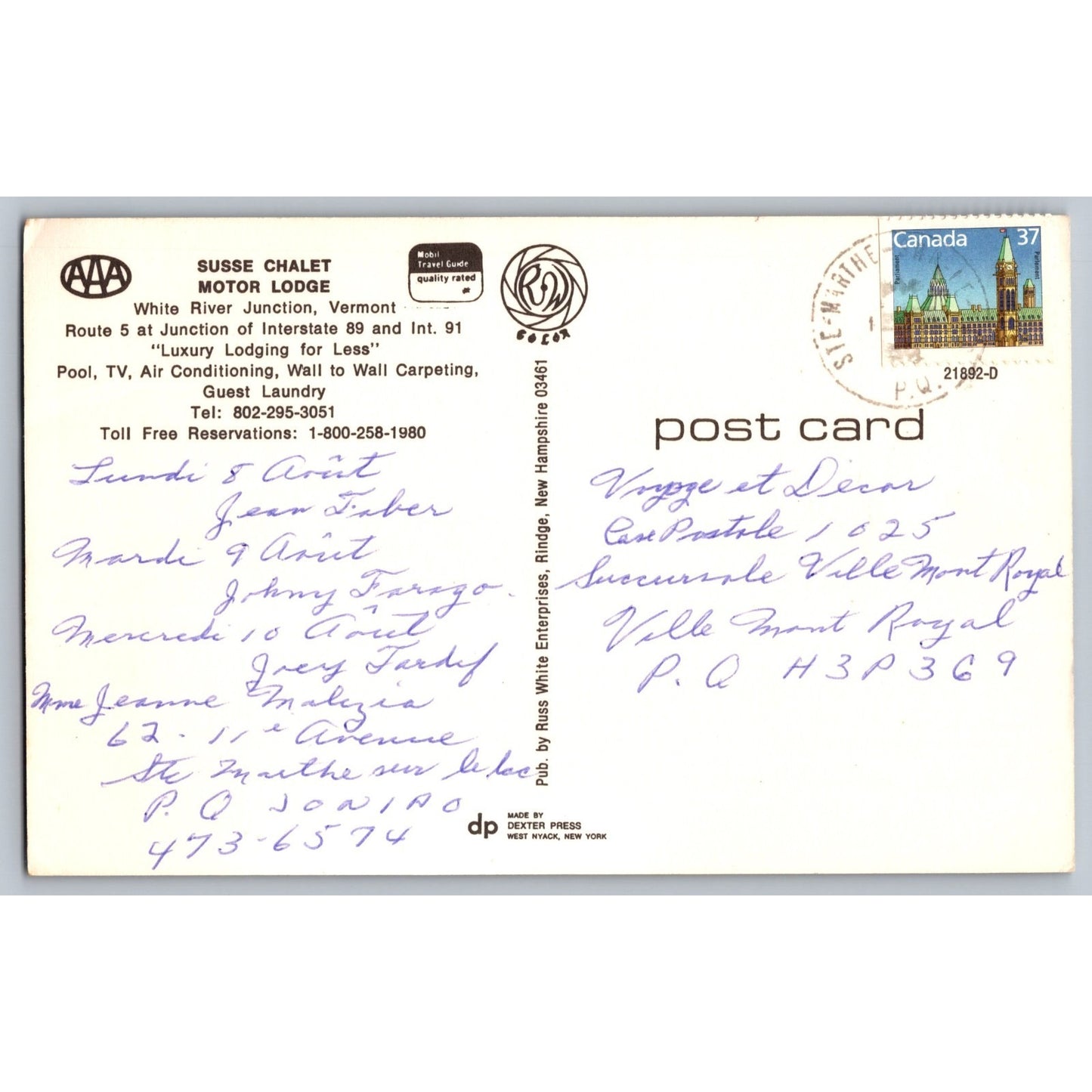 White River Junction VT Vermont Susse Chalet Motor Lodge Hotel Chrome Postcard