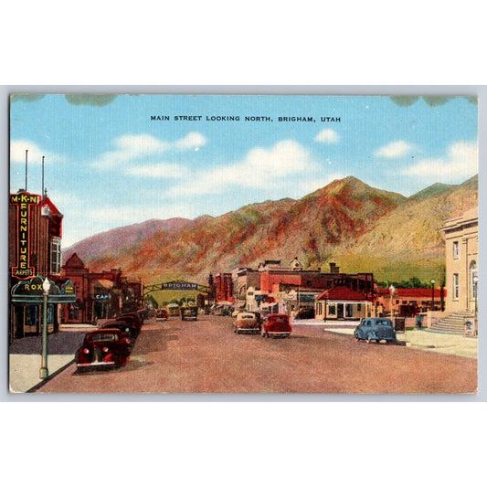 Brigham UT Utah Main Street Looking North 1930s Linen Postcard Unused