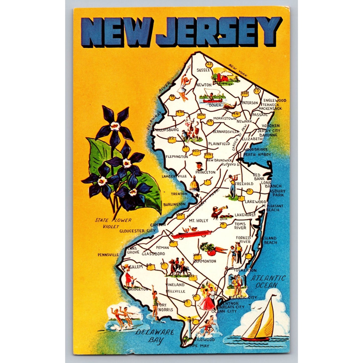New Jersey NJ Map Chrome Postcard Featuring State Symbols & Attractions Unused