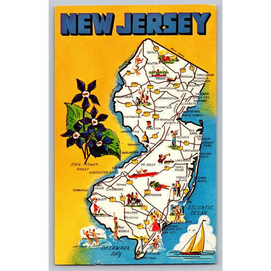New Jersey NJ Map Chrome Postcard Featuring State Symbols & Attractions Unused
