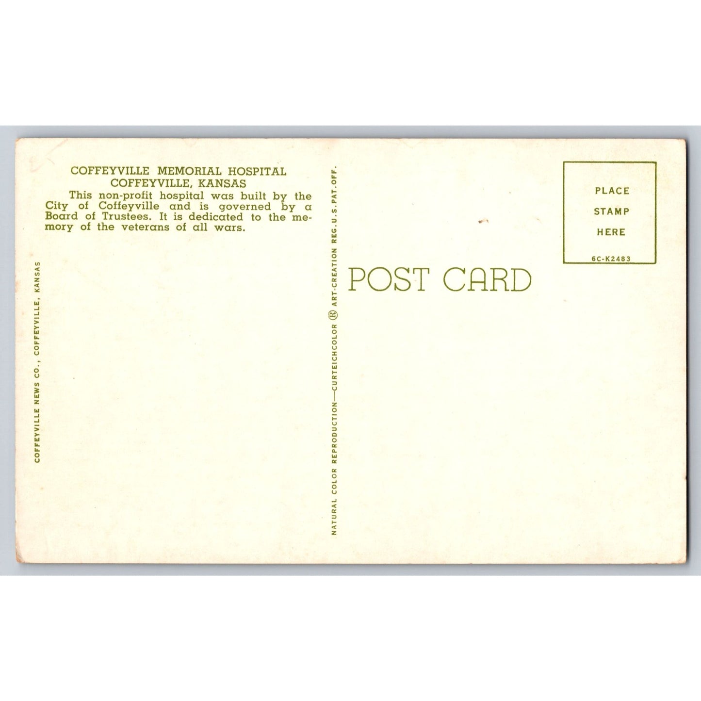 Coffeyville KS Kansas Memorial Hospital Chrome Postcard Unused