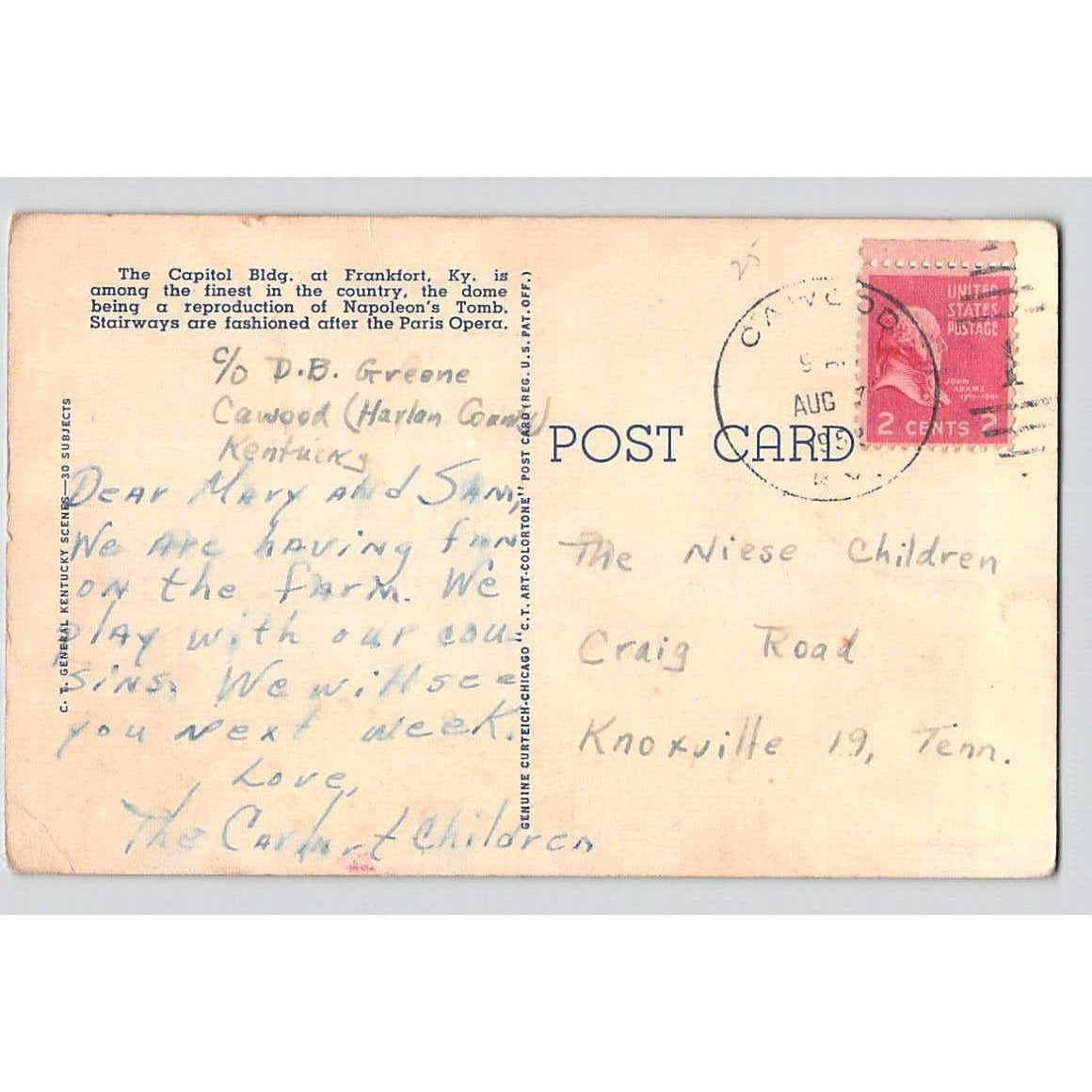 Frankfort KY Kentucky State Capitol White Border Postcard Used