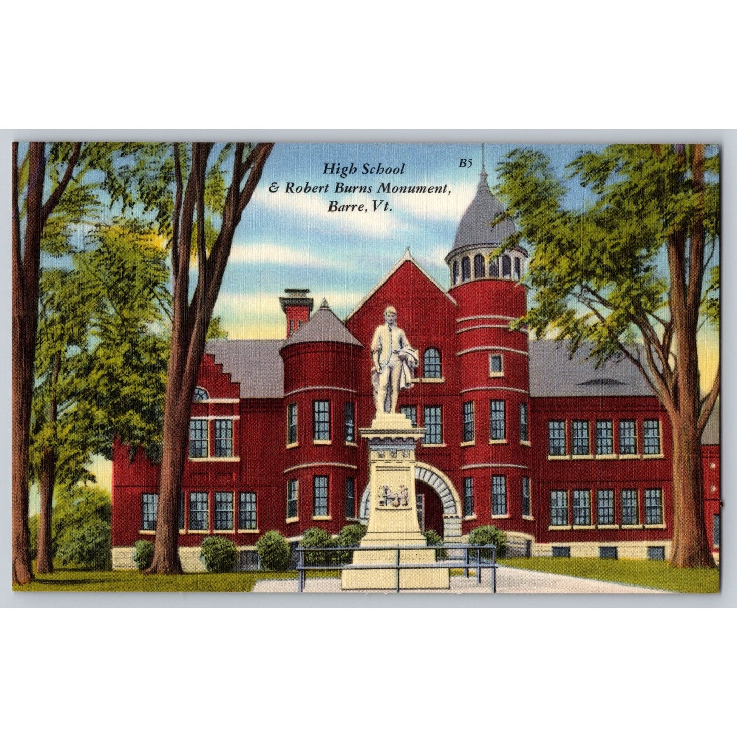 Barre VT Vermont High School & Robert Burns Monument Linen Postcard Unused