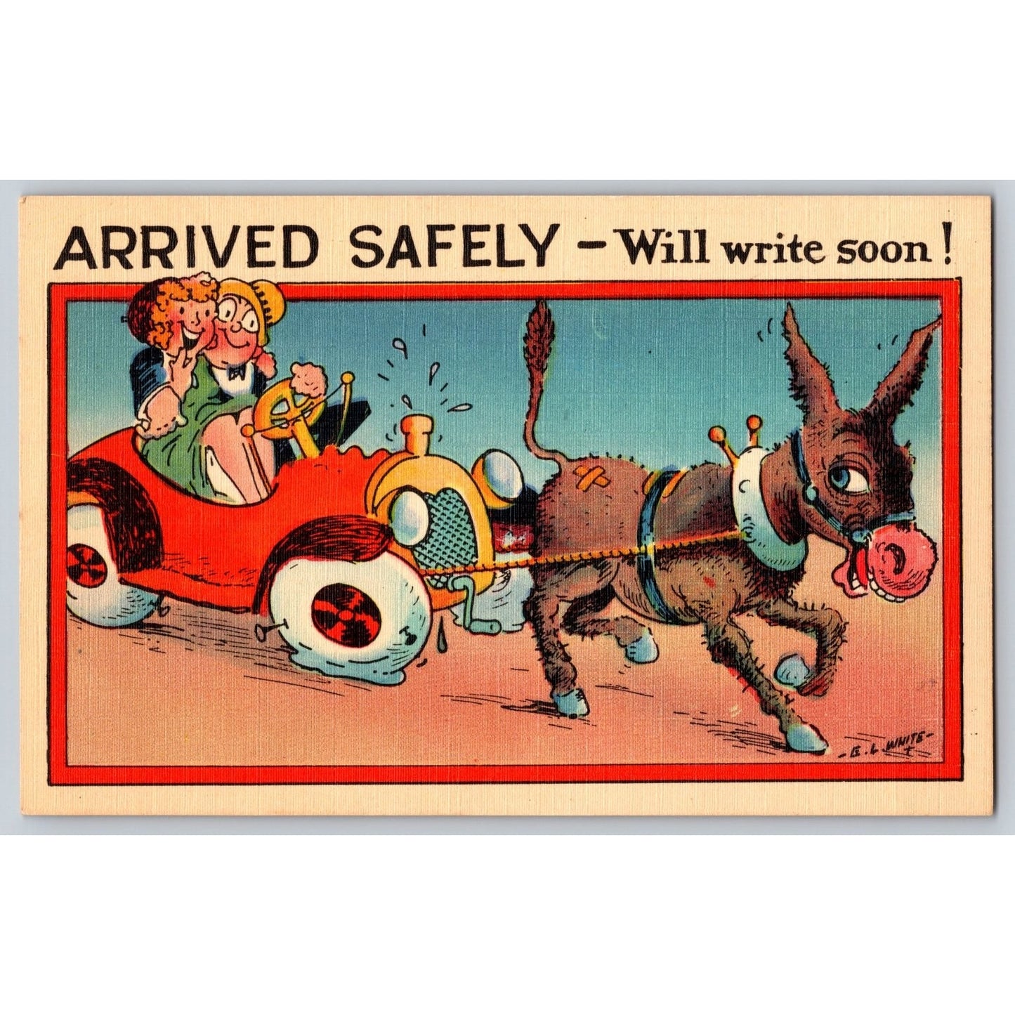 Comic Postcard Humorous Cartoon Donkey Arrived Safely Linen Asheville