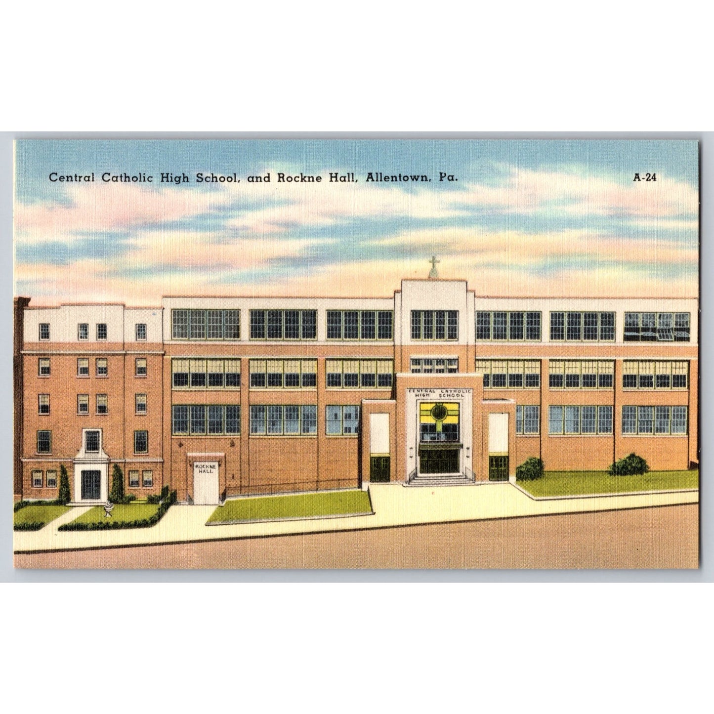 Allentown PA Pennsylvania Central Catholic High School Rockne Hall Linen Postcard