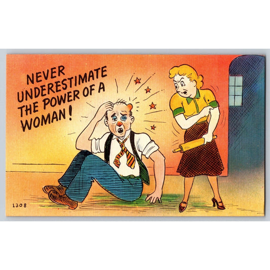 Comic Postcard Humorous Never Underestimate Power of a Woman Linen Unused
