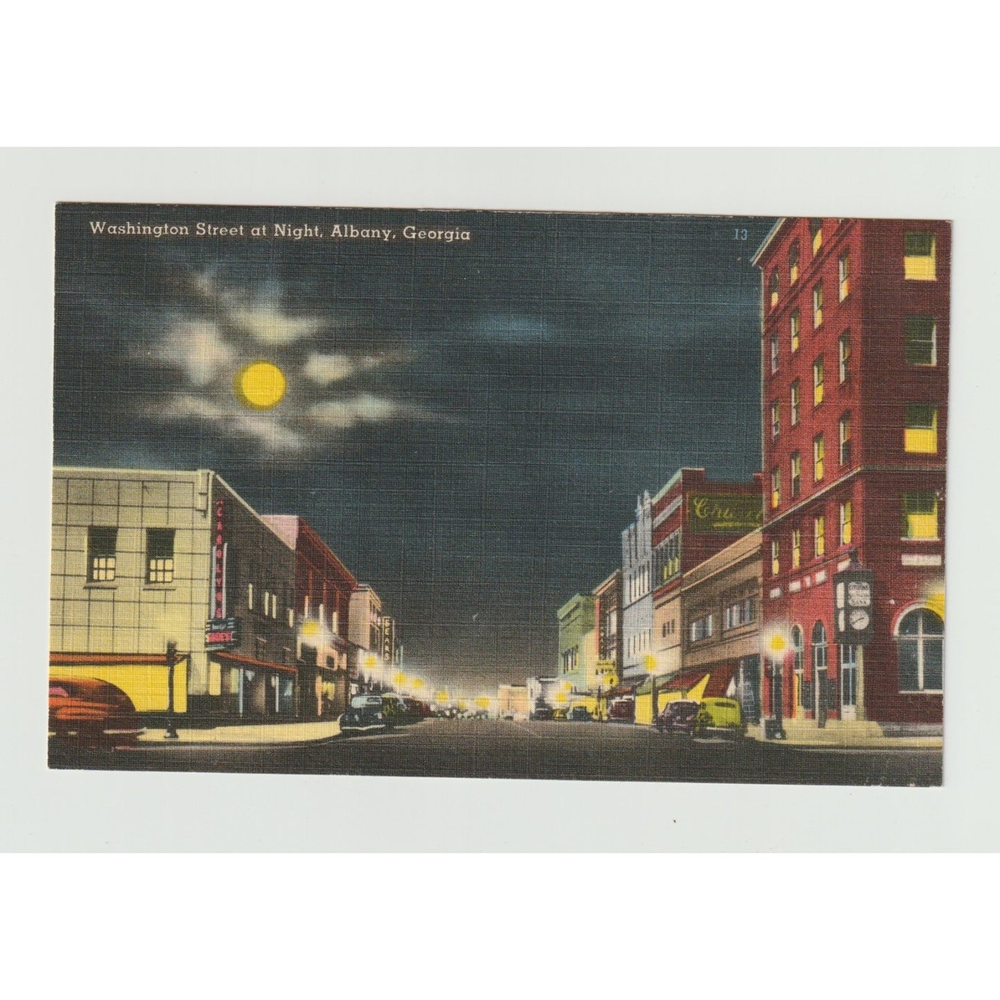 Postcard GA Georgia Albany Washington Street at Night Moonlight Linen Unused
