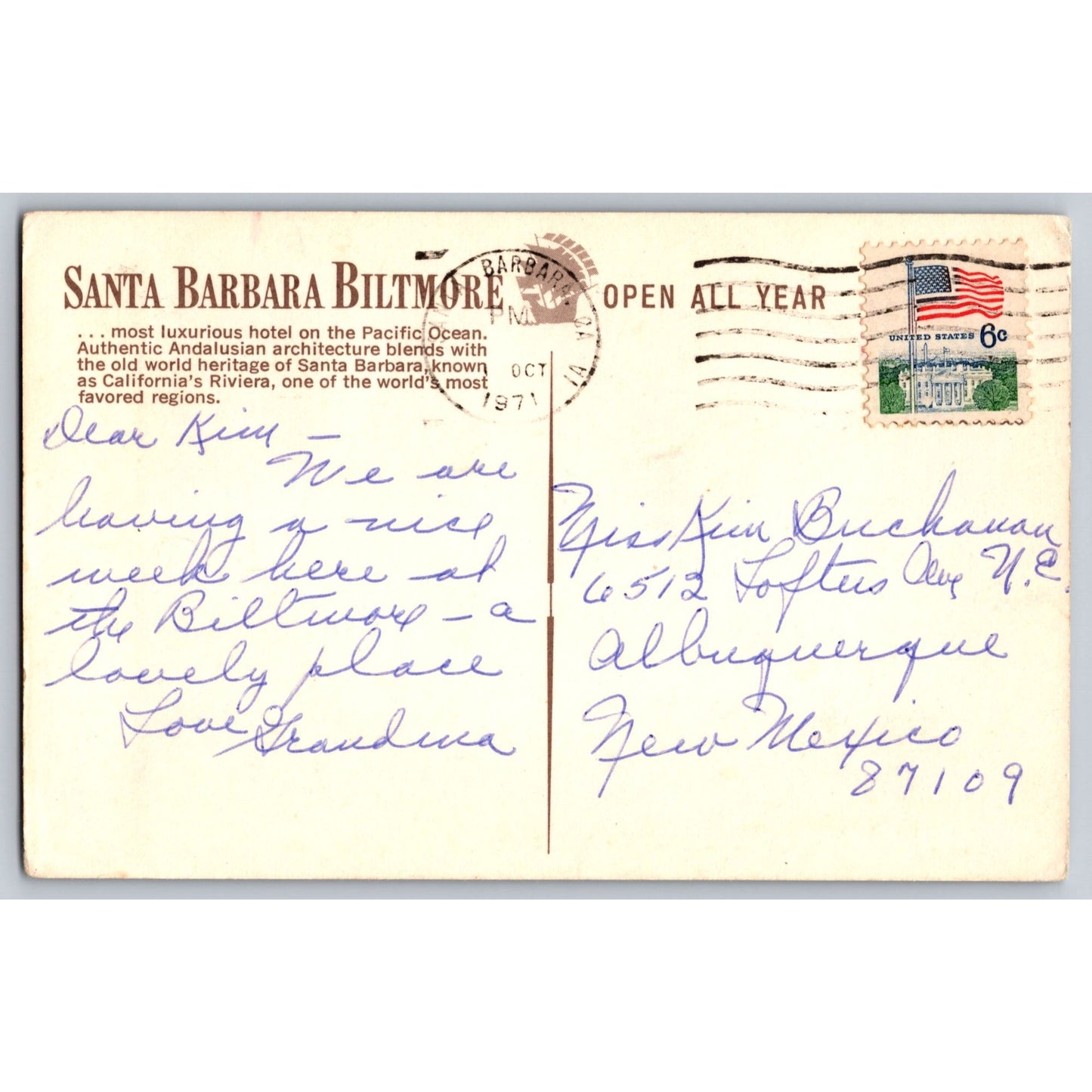 Santa Barbara CA California Biltmore Hotel 1971 Chrome Postcard Used