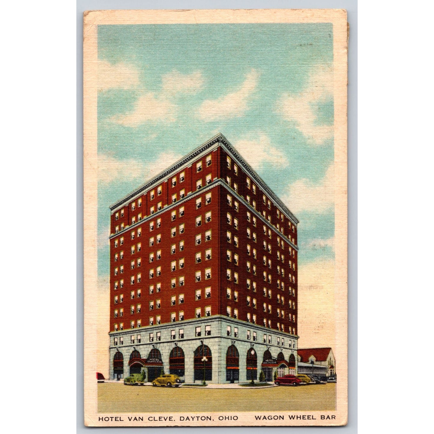 Dayton OH Ohio Hotel Van Cleve Wagon Wheel Bar 1942 White Border Postcard Used