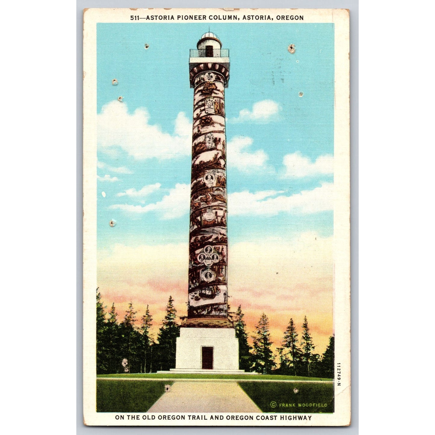 Astoria OR Oregon Pioneer Column Old Trail Coast Hwy White Border Postcard
