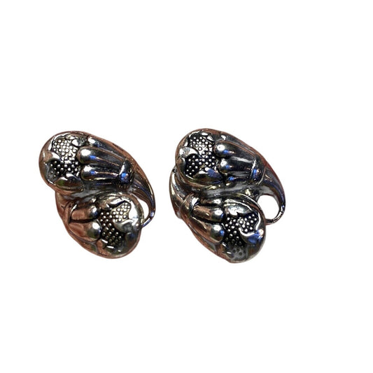 Vintage Silver-Toned Floral Clip-On Earrings With Textured Design And Elegant Detailing