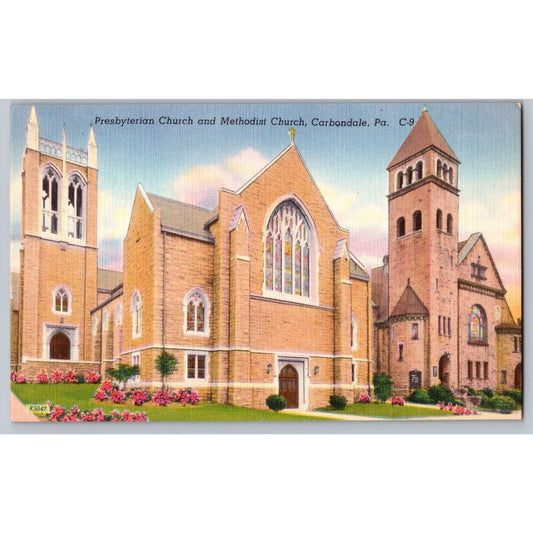 Carbondale PA Pennsylvania Presbyterian Methodist Church Linen Postcard Unused