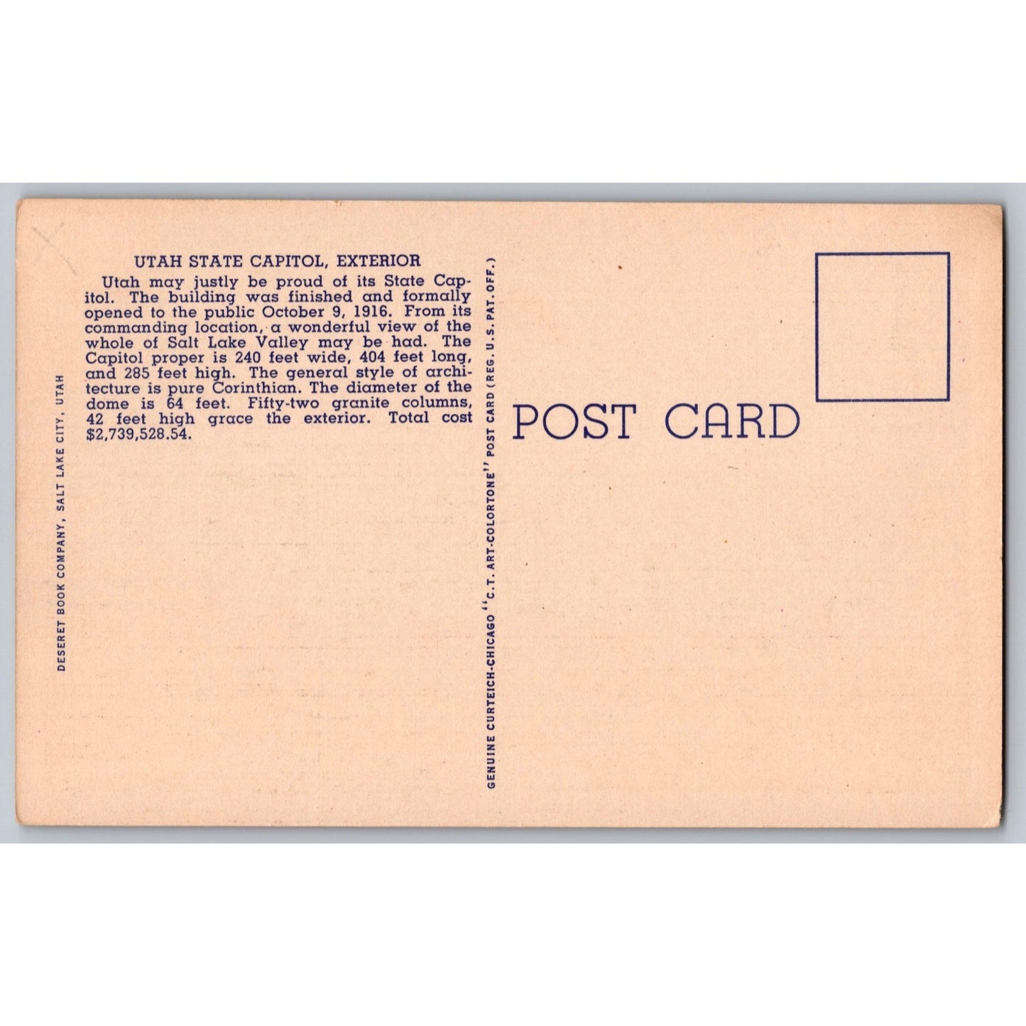 Salt Lake City UT Utah State Capital Building 1930s Linen Postcard Unused