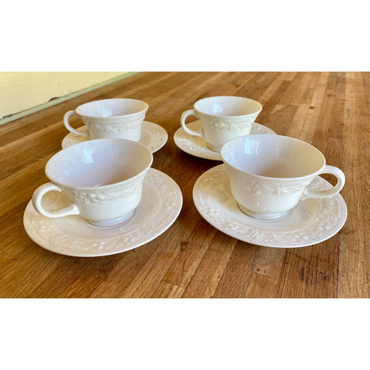 Homer Laughlin Eggshell Theme White Embossed Ceramic Teacups & Saucers With Grapevine Design Set of 4