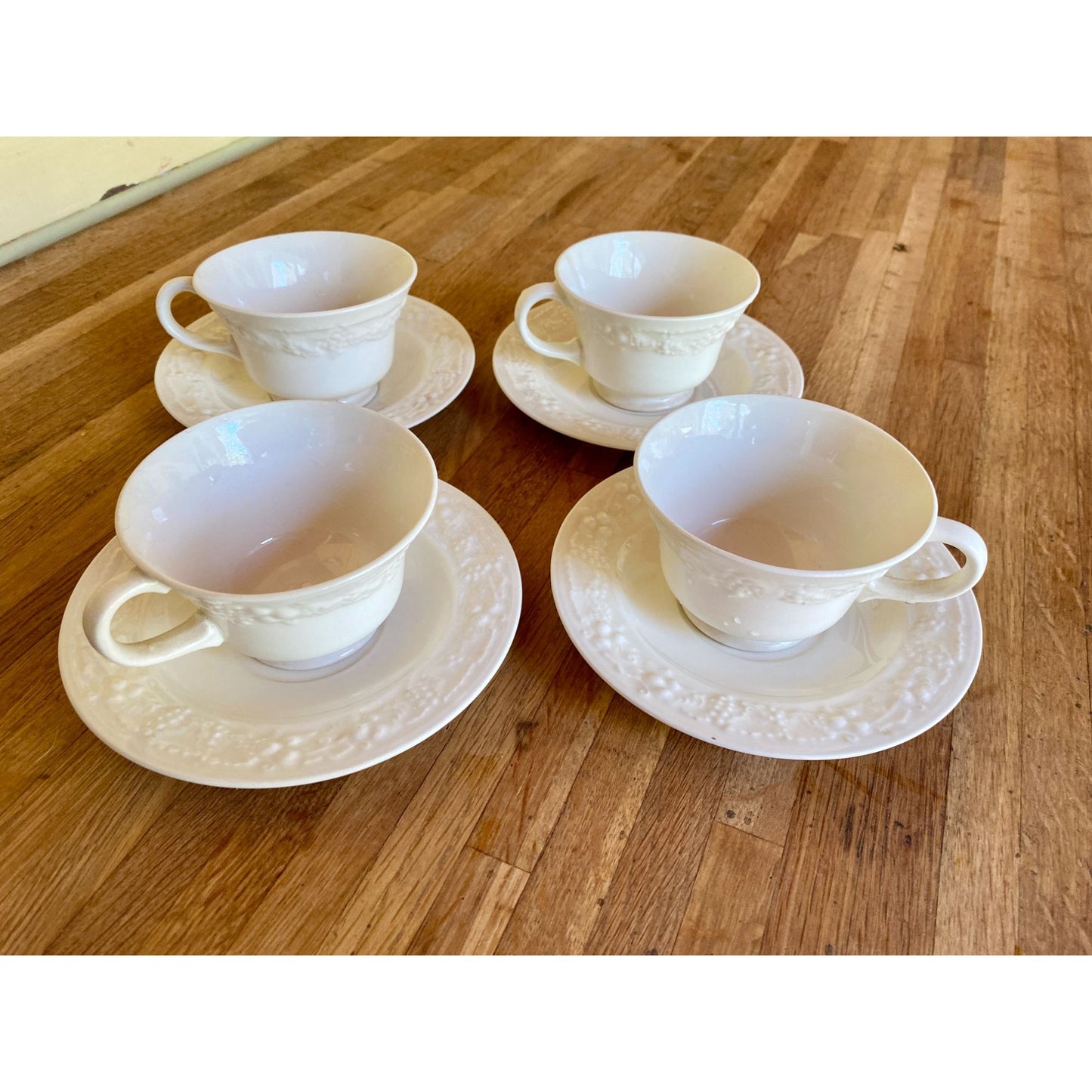 Homer Laughlin Eggshell Theme White Embossed Ceramic Teacups & Saucers With Grapevine Design Set of 4