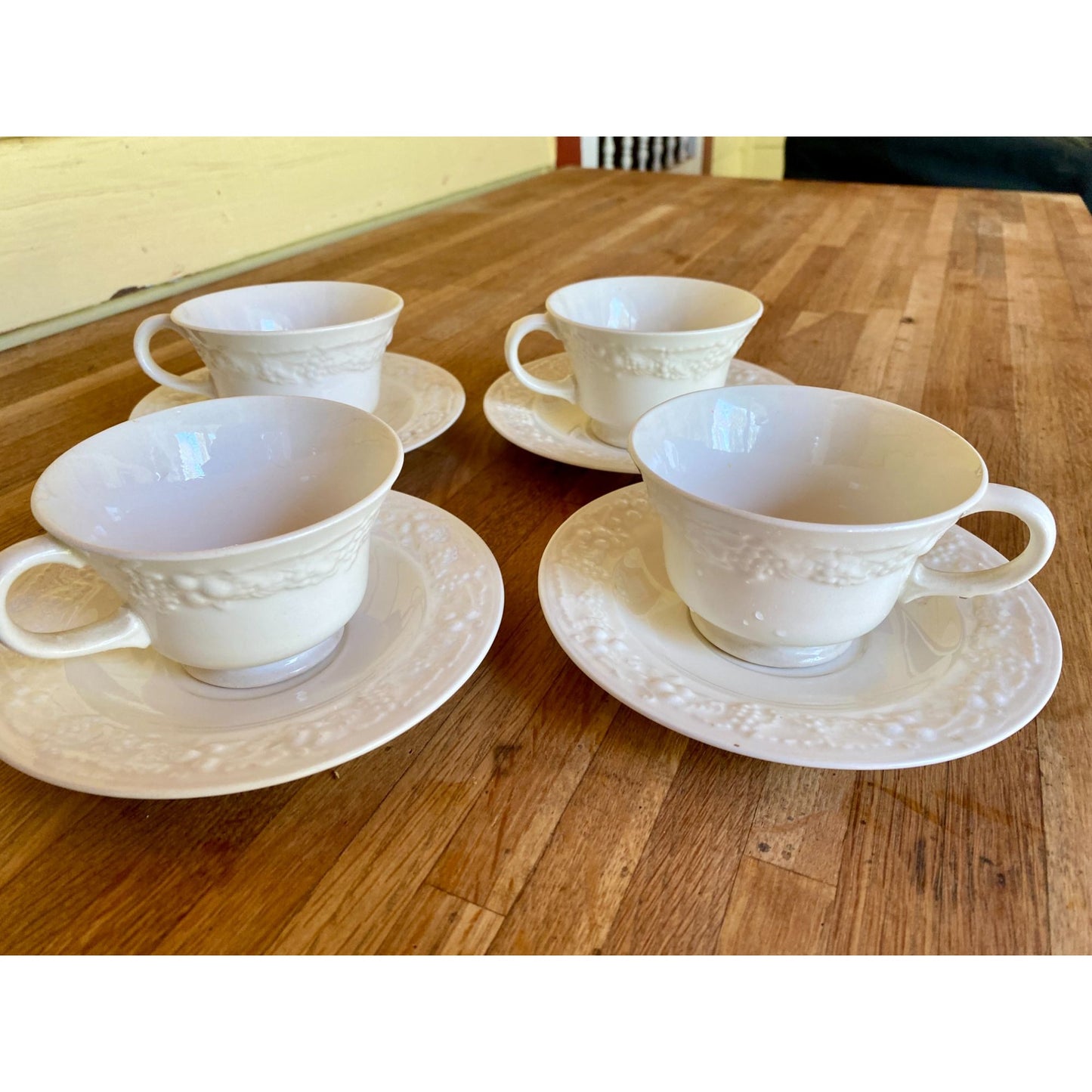 Homer Laughlin Eggshell Theme White Embossed Ceramic Teacups & Saucers With Grapevine Design Set of 4