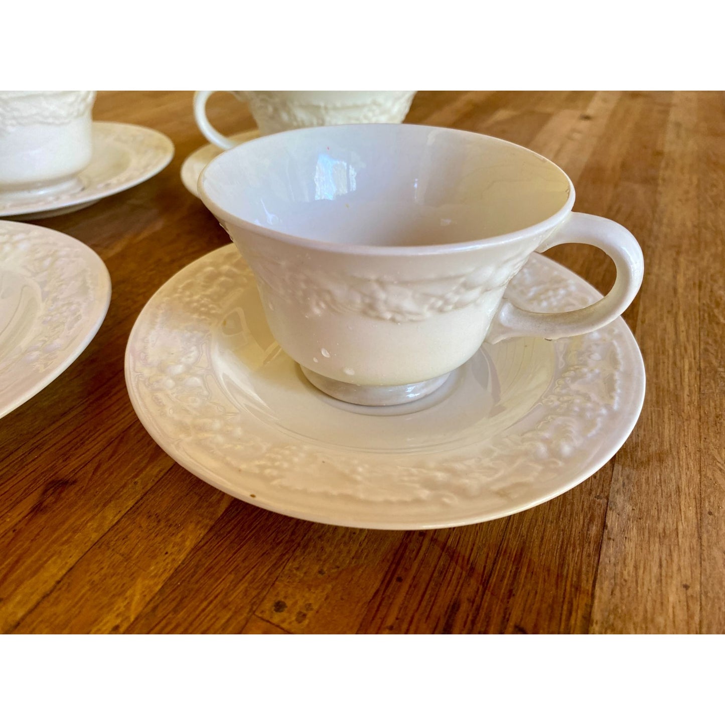 Homer Laughlin Eggshell Theme White Embossed Ceramic Teacups & Saucers With Grapevine Design Set of 4