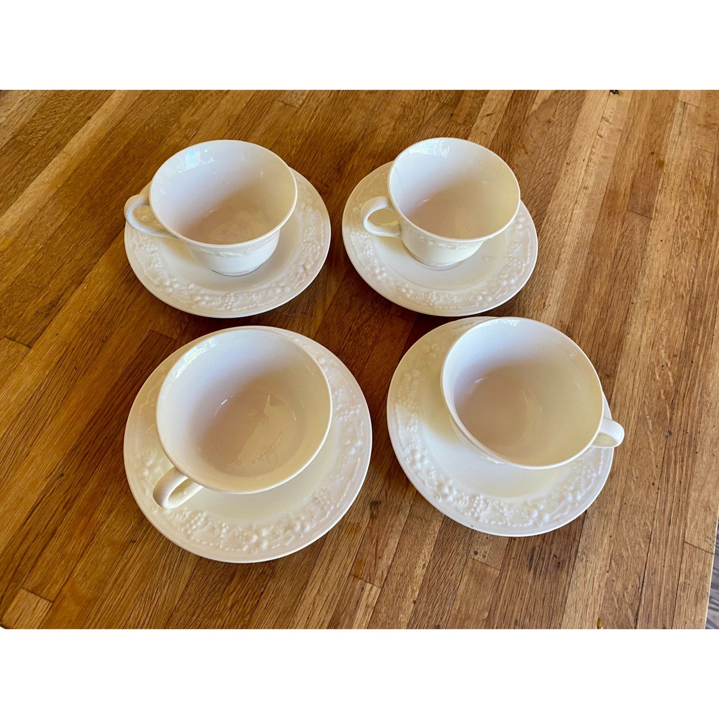 Homer Laughlin Eggshell Theme White Embossed Ceramic Teacups & Saucers With Grapevine Design Set of 4