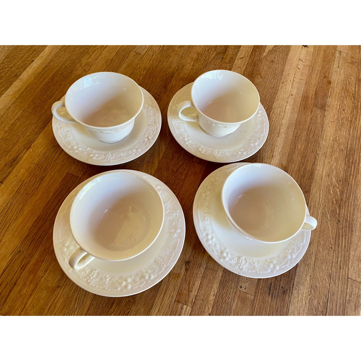 Homer Laughlin Eggshell Theme White Embossed Ceramic Teacups & Saucers With Grapevine Design Set of 4