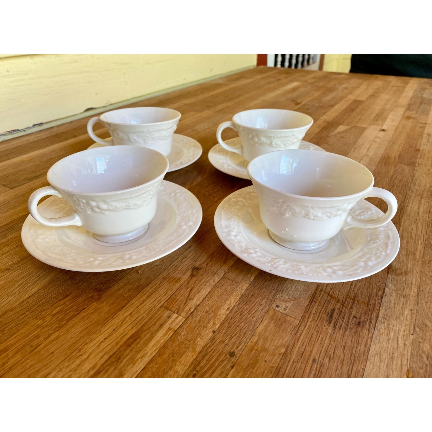 Homer Laughlin Eggshell Theme White Embossed Ceramic Teacups & Saucers With Grapevine Design Set of 4
