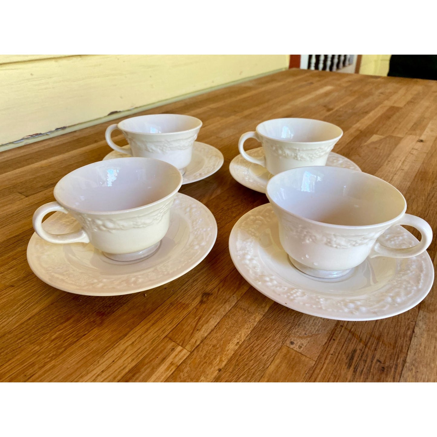 Homer Laughlin Eggshell Theme White Embossed Ceramic Teacups & Saucers With Grapevine Design Set of 4