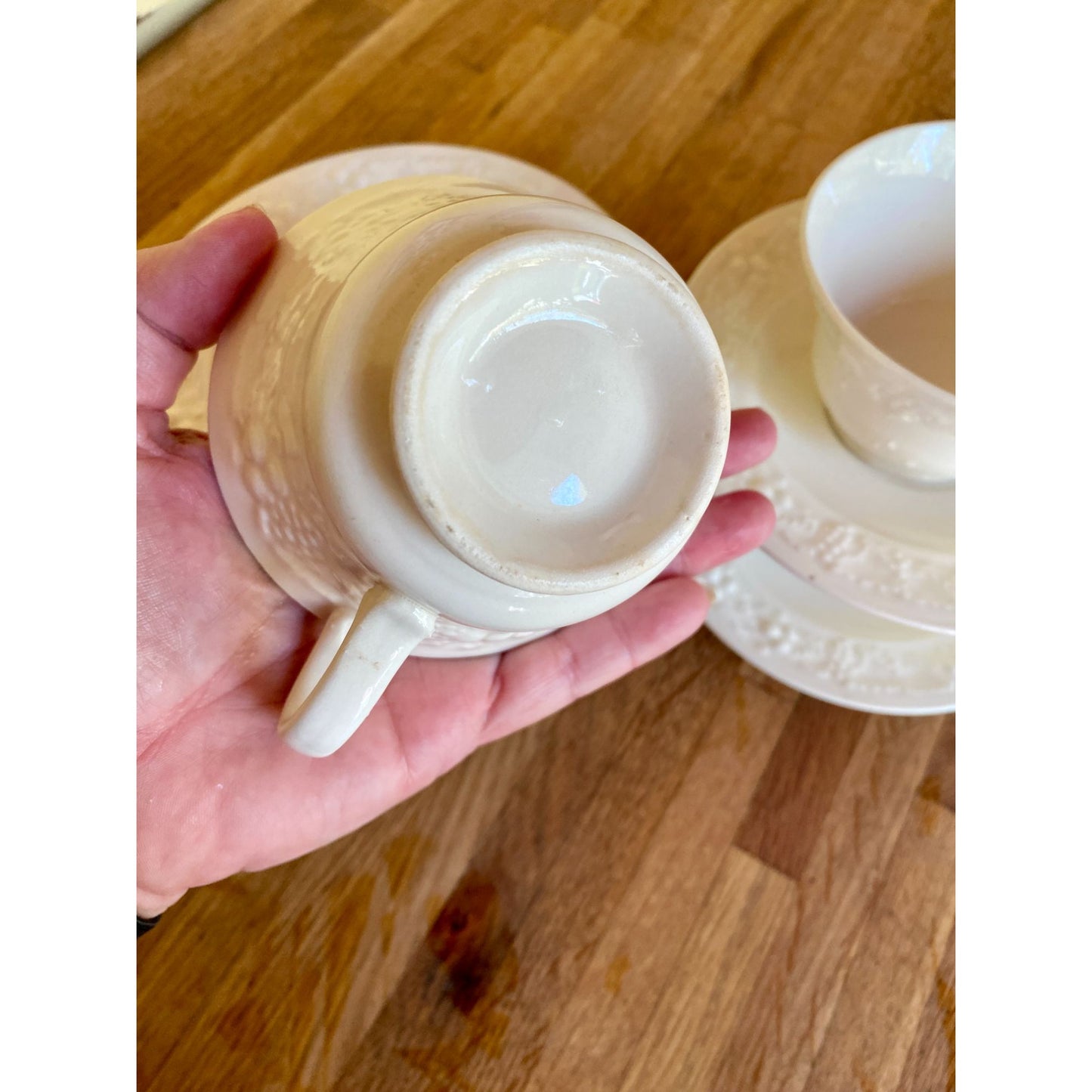 Homer Laughlin Eggshell Theme White Embossed Ceramic Teacups & Saucers With Grapevine Design Set of 4