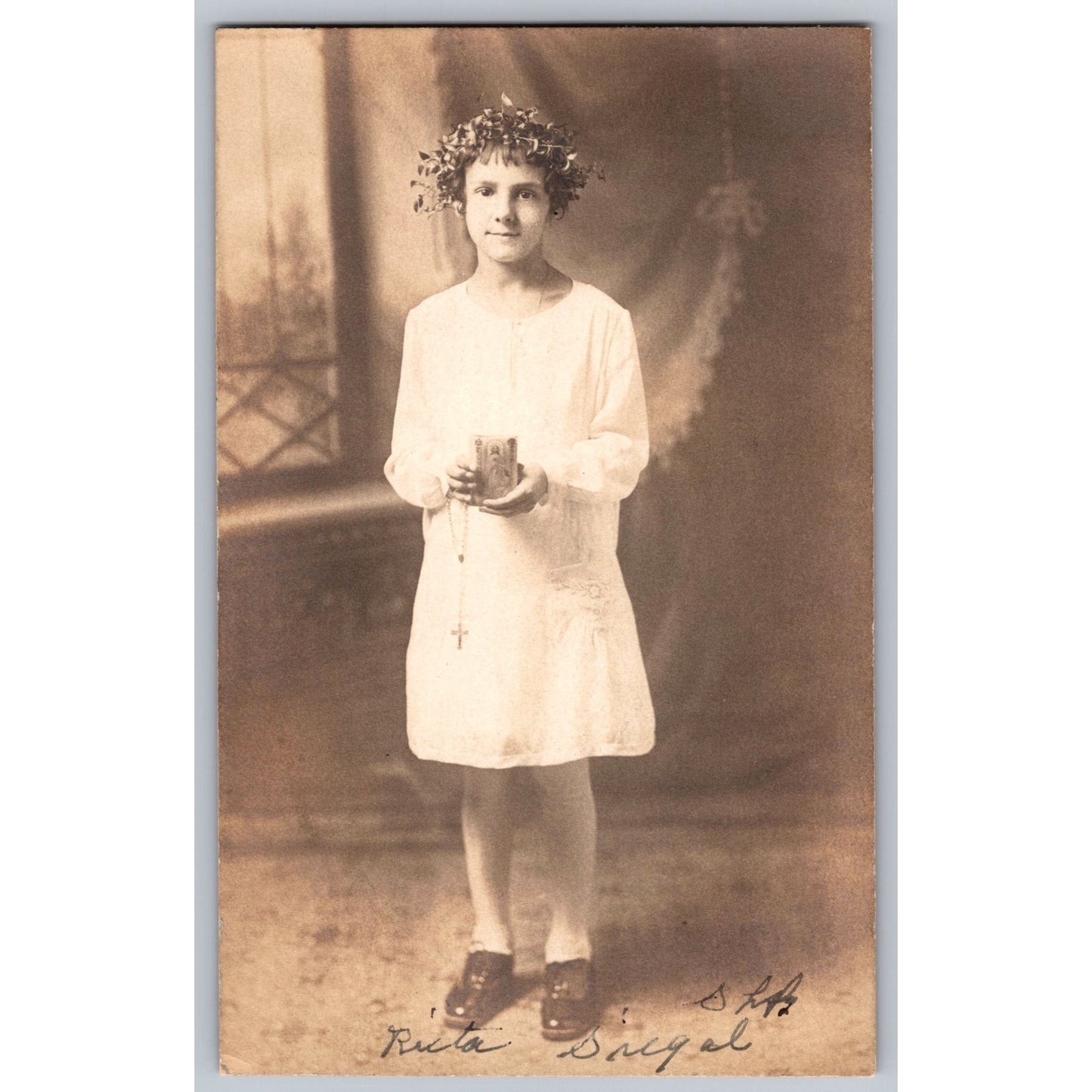 Real Photo First Communion Young Girl Holding Rosary Prayer Book Sepia-Toned