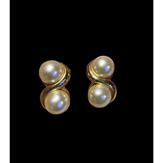 Vintage Faux Pearl Gold-Tone Clip-On Earrings Double Pearl Design Elegant & Classic Jewelry