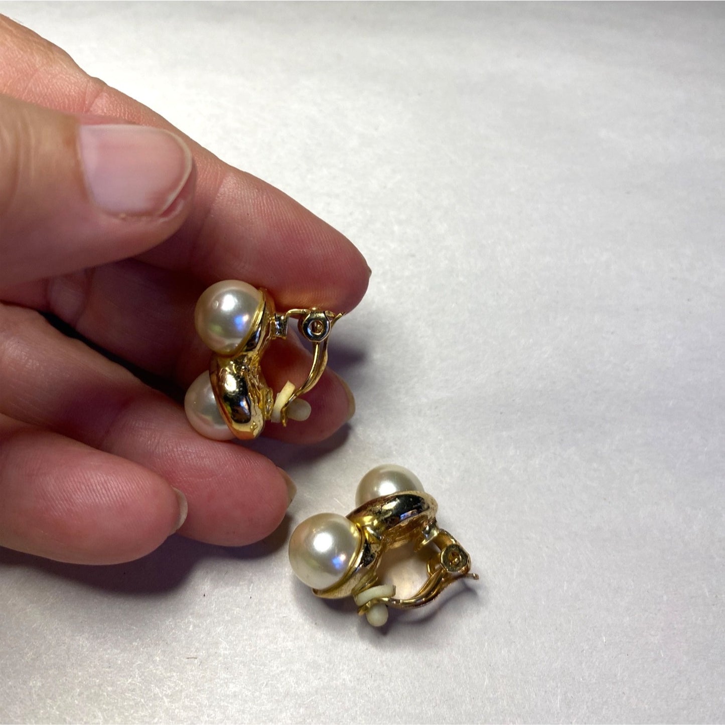 Vintage Faux Pearl Gold-Tone Clip-On Earrings Double Pearl Design Elegant & Classic Jewelry