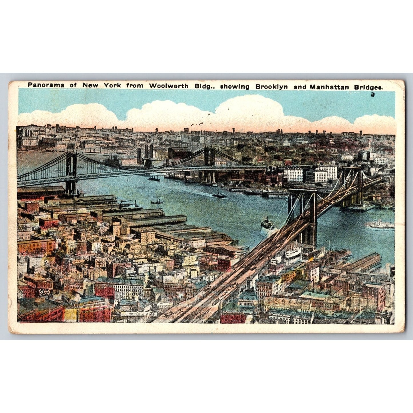 New York City NY Brooklyn Manhattan Bridges Panorama White Border Postcard Used