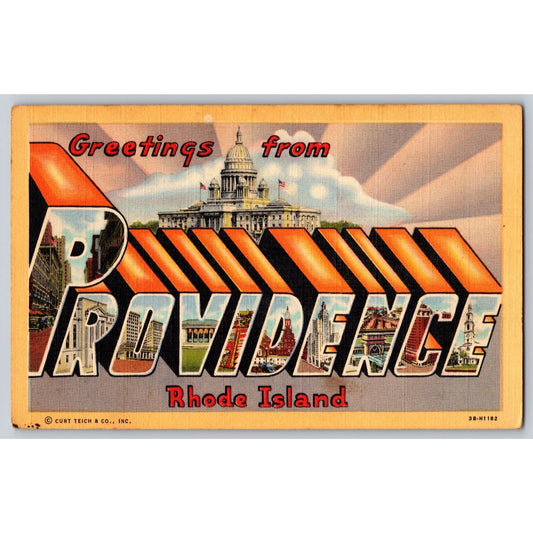 Providence RI Rhode Island Large Letter Greetings 1940s Linen Postcard Unused