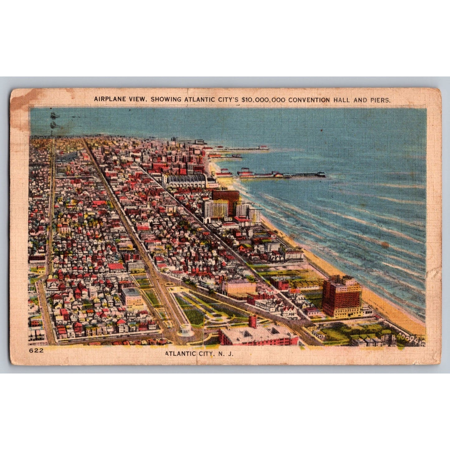Atlantic City NJ New Jersey Convention Hall & Piers Aerial View Postcard 1939